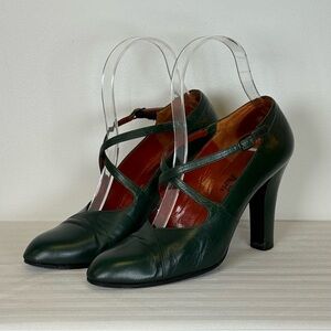 Vintage Yves Saint Laurent Paris Green Leather Mary Jane Pumps Womens Size 5 1/2